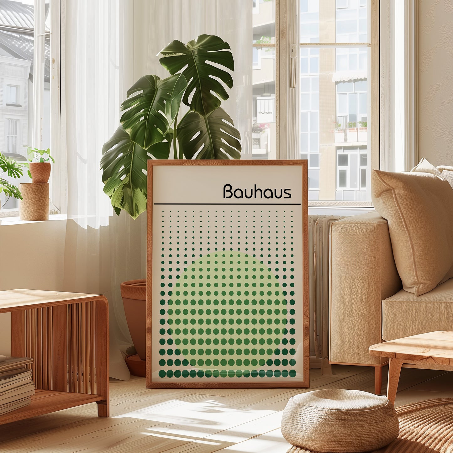 Bauhaus Exhibition Poster: Abstract Dots Print, Sage Green Wall Art - BH Green18_003