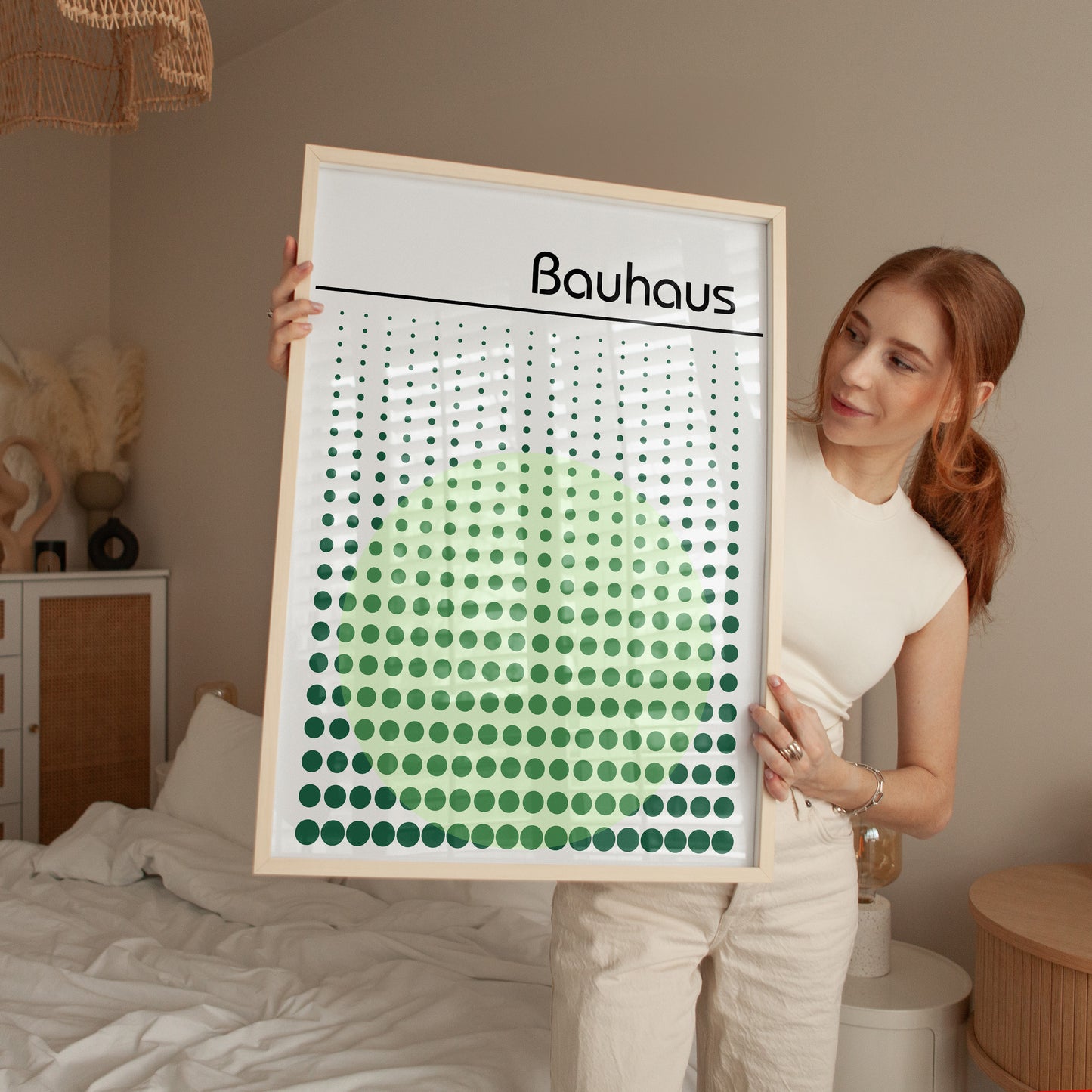 Bauhaus Exhibition Poster: Abstract Dots Print, Sage Green Wall Art - BH Green18_003