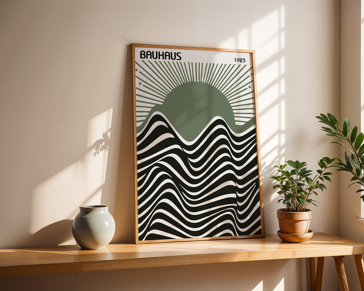 Bauhaus Exhibition Poster: Sage Green Sun Modern Art Print - BH Green18_006