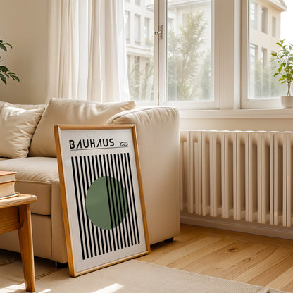 BAUHAUS GREEN DOT art print with stripes, Mid Century print - BH Green18_016