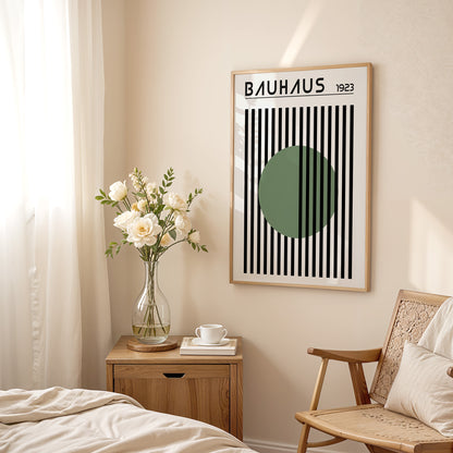 BAUHAUS GREEN DOT art print with stripes, Mid Century print - BH Green18_016