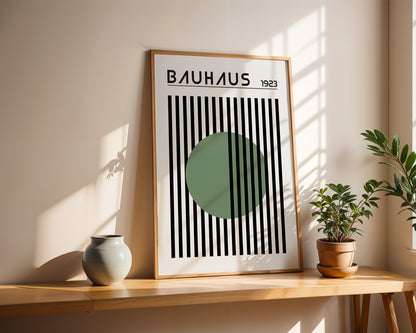 BAUHAUS GREEN DOT art print with stripes, Mid Century print - BH Green18_016