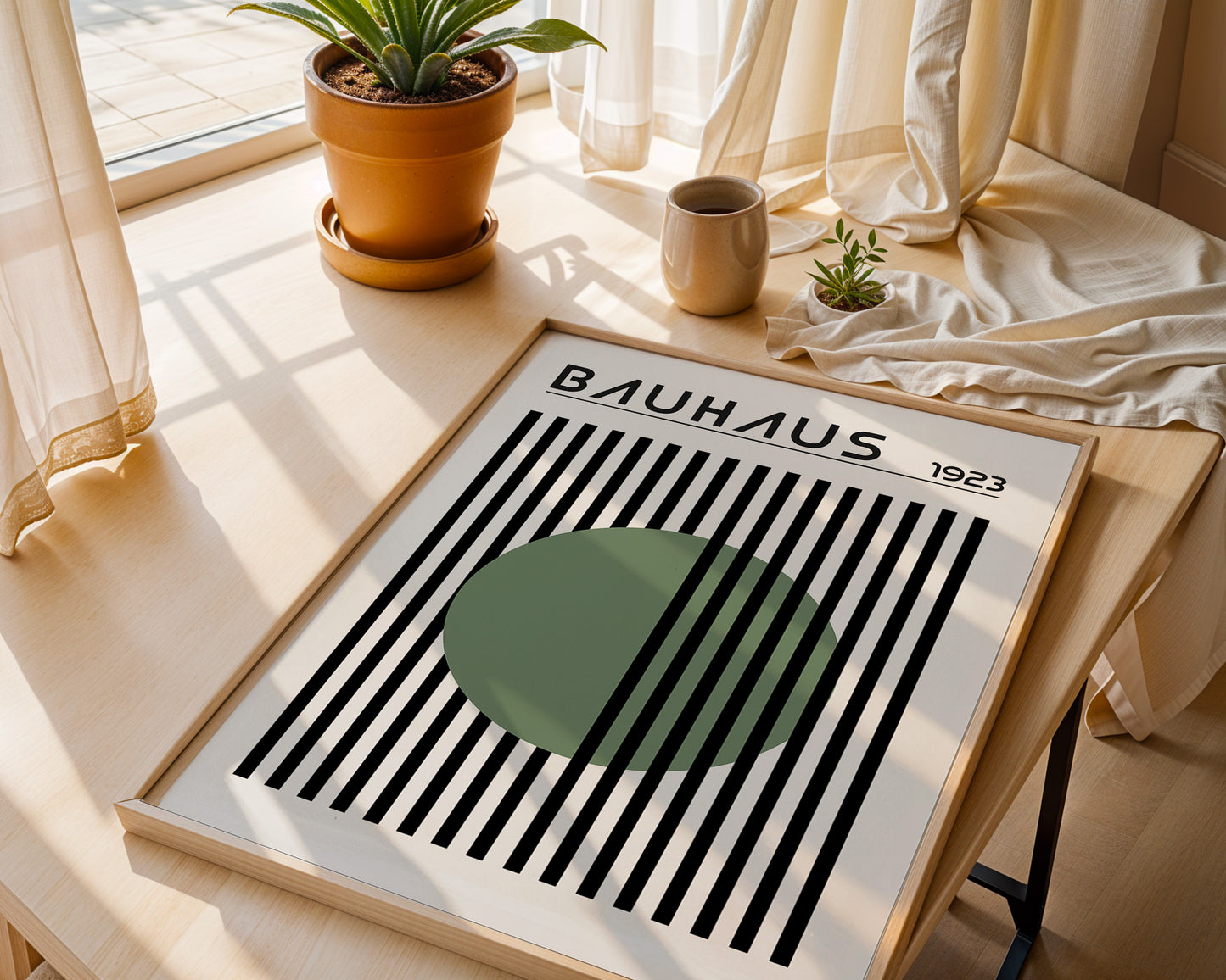 BAUHAUS GREEN DOT art print with stripes, Mid Century print - BH Green18_016