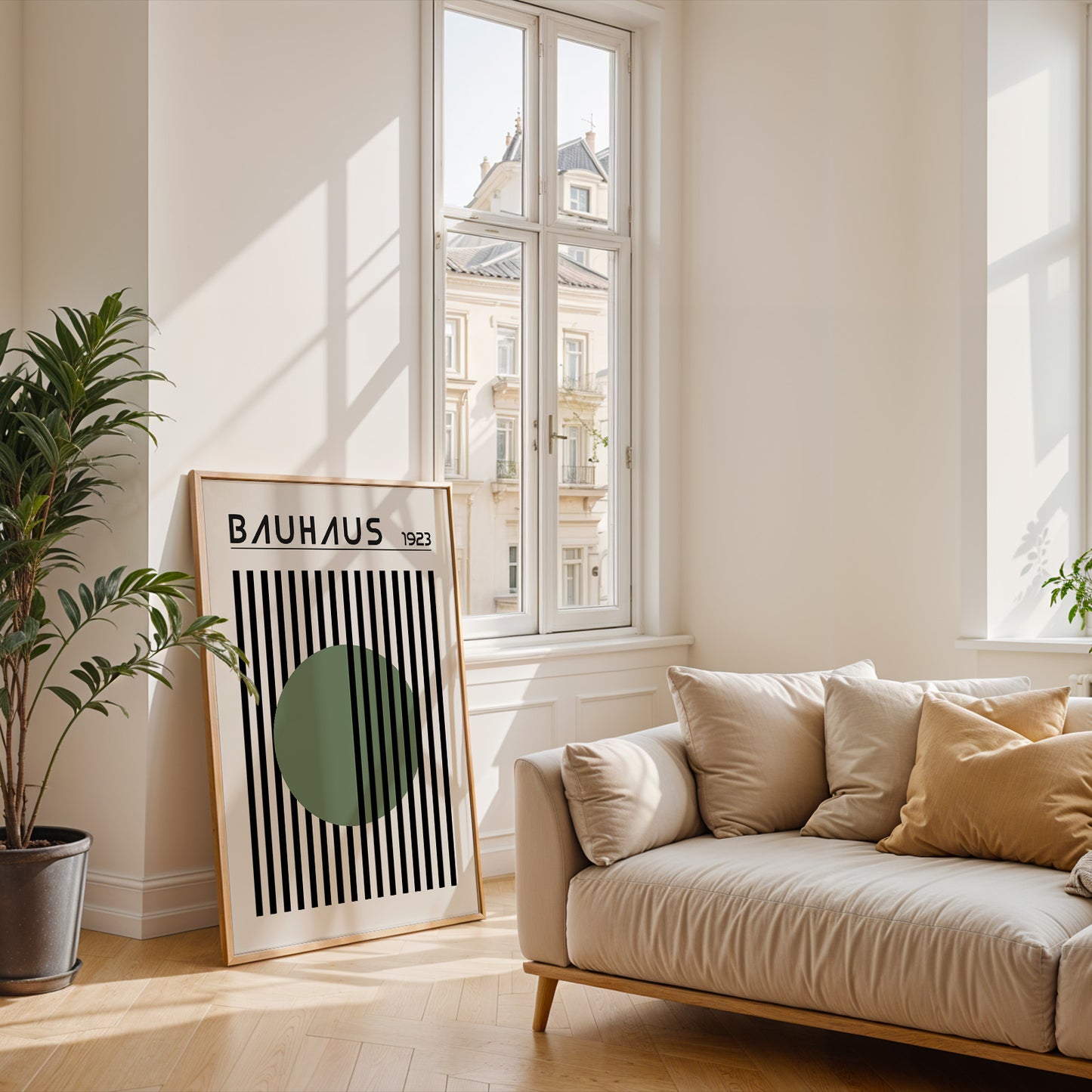 BAUHAUS GREEN DOT art print with stripes, Mid Century print - BH Green18_016