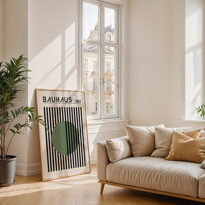 BAUHAUS GREEN DOT art print with stripes, Mid Century print - BH Green18_016