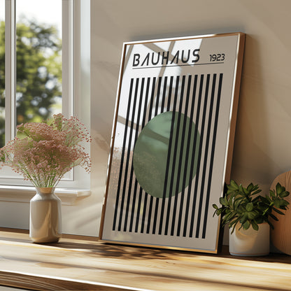 BAUHAUS GREEN DOT art print with stripes, Mid Century print - BH Green18_016