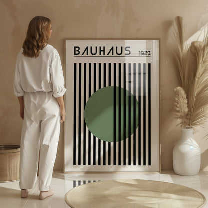 BAUHAUS GREEN DOT art print with stripes, Mid Century print - BH Green18_016