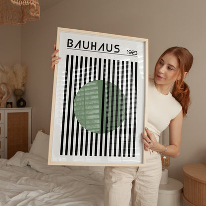 BAUHAUS GREEN DOT art print with stripes, Mid Century print - BH Green18_016