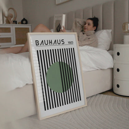 BAUHAUS GREEN DOT art print with stripes, Mid Century print - BH Green18_016